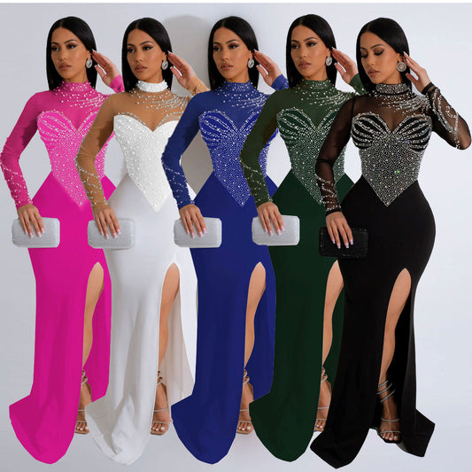 LADIES SEE-THROUGH BODYCON DRESS WITH SLIT           BLACK / WHITE / DARK GREEN / PINK / BLUE             (SIZE  S - 3XL)