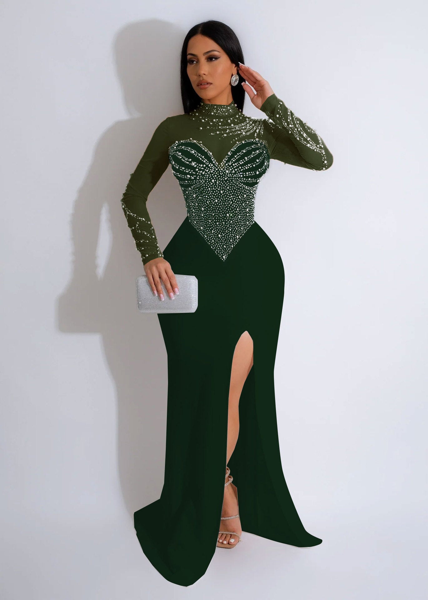 LADIES SEE-THROUGH BODYCON DRESS WITH SLIT           BLACK / WHITE / DARK GREEN / PINK / BLUE             (SIZE  S - 3XL)