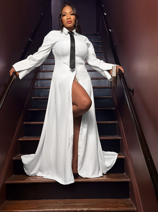 LADIES LONG SHIRT DRESS             WHITE             (SIZE  S - 2XL)