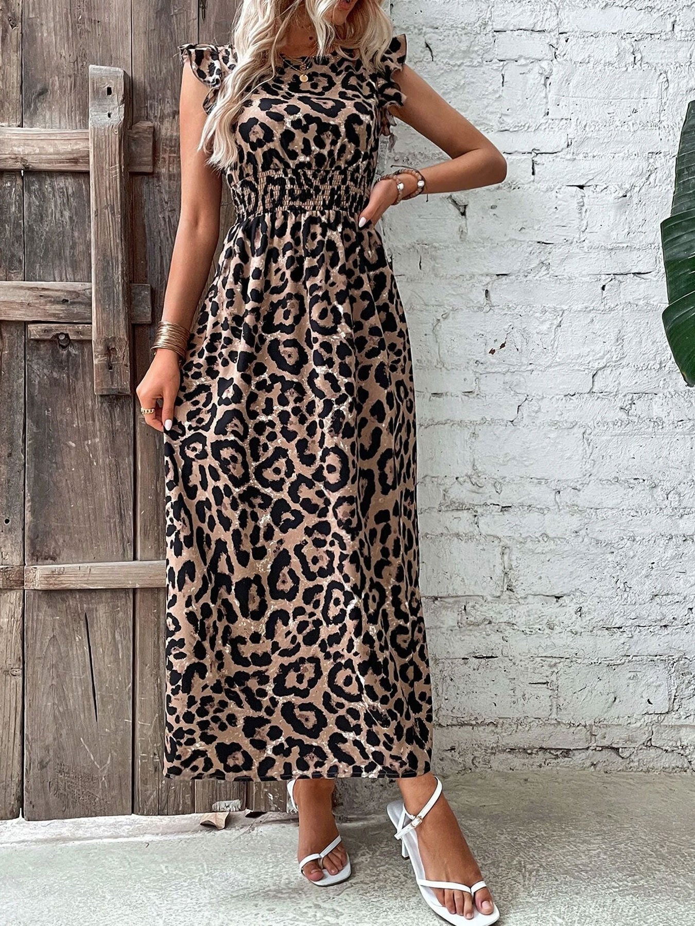 LADIES SHORT SLEEVE LEOPARD PRINT DRESS               LEOPARD PRINT                (SIZE  S - 2XL)