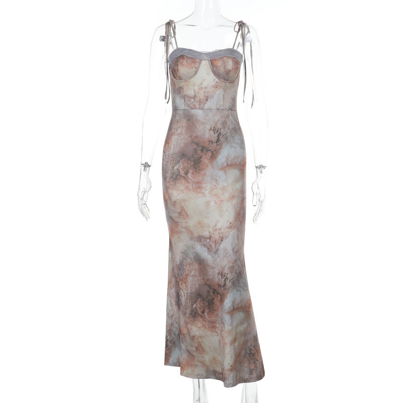 LADIES LONG LACE DRESS               YELLOW-WHITE              (SIZE  XS - L)