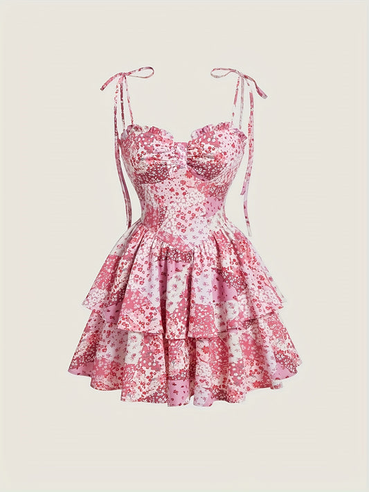 LADIES FLORAL DRESS WITH RUFFLES                PINK                (SIZE  S - XL)