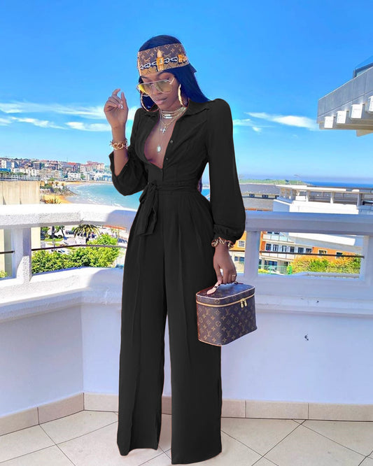 LADIES ONE PIECE JUMPSUIT WITH BELT                   BLACK                 (SIZE  S - 2XL)