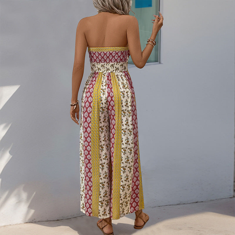 LADIES ONE PIECE STRAPLESS JUMPSUIT                 APRICOT-BEIGE / NAVY-BEIGE / YELLOW              (SIZE  S - XL)