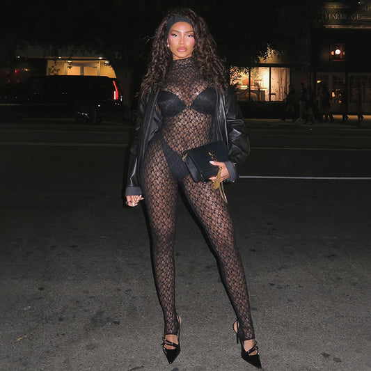 LADIES ONE PIECE SEE THROUGH JUMPSUIT              BLACK             (SIZE  S - L)