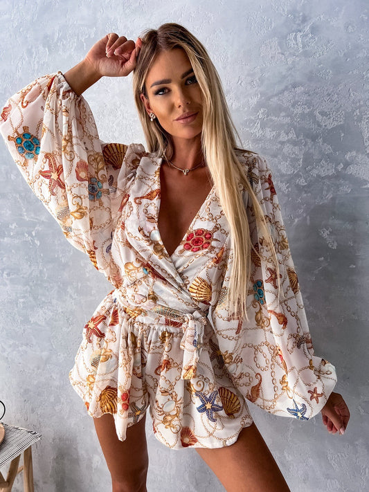 LADIES LONG SLEEVE SHORT PLAYSUIT / ROMPER                  WHITE              (SIZE  S - 2XL)