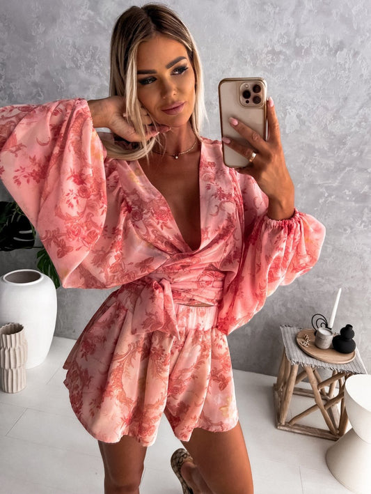 LADIES LONG SLEEVE SHORT PLAYSUIT / ROMPER                RED             (SIZE  S - 2XL)