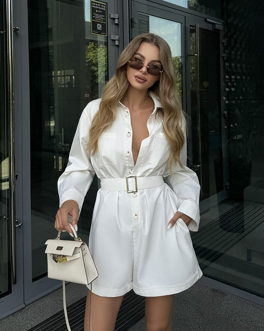 LADIES LONG SLEEVE PLAYSUIT / ROMPER                WHITE              (SIZE  S - L)