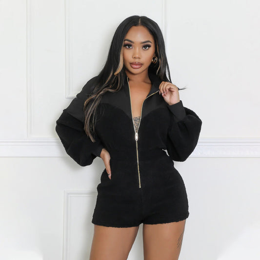 LADIES LONG SLEEVE PLAYSUIT / ROMPER                BLACK / LIGHT BROWN             (SIZE  S - L)