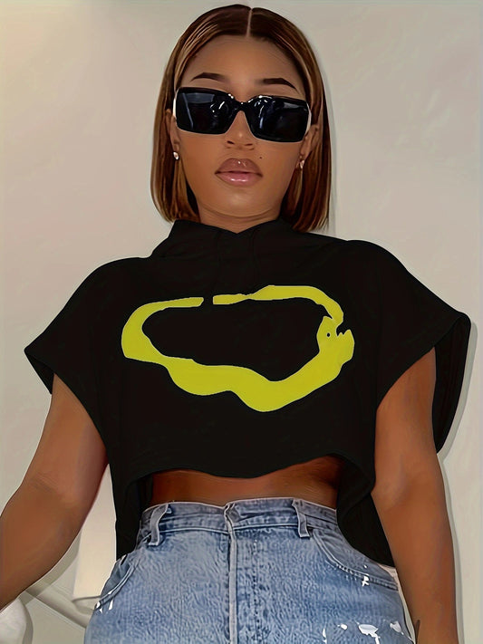 LADIES PRINTED  FIT HOODED T-SHIRT CROP TOP                 BLACK                (SIZE  S - 2XL)