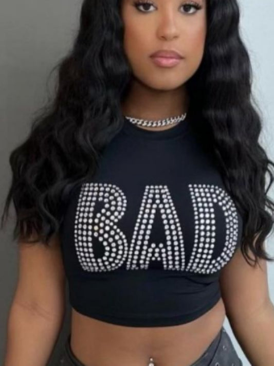LADIES SHORT SLEEVE CROP TOP                 BLACK                (SIZE  S - XL)