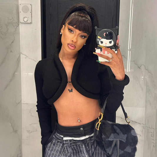 LADIES LONG SLEEVE CROP TOP                BLACK                (SIZE  S - L)