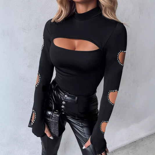 LADIES LONG SLEEVE CUT OUT TOP                BLACK                (SIZE  S - 2XL)