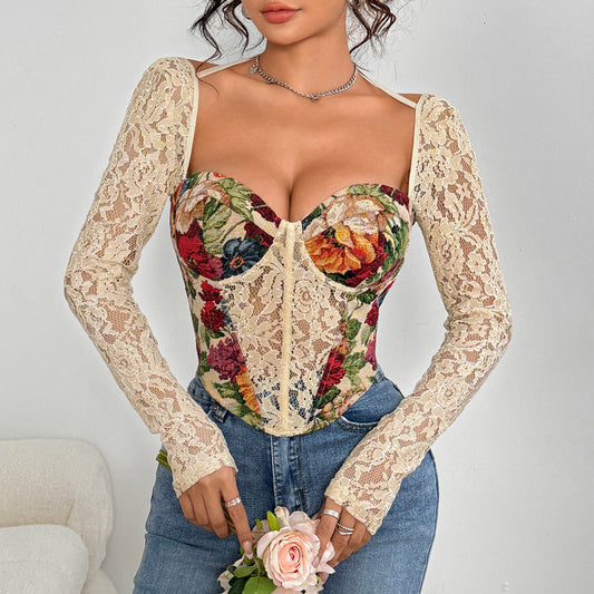LADIES LACE SLEEVE TOP                APRICOT-BEIGE                (SIZE  S - L)