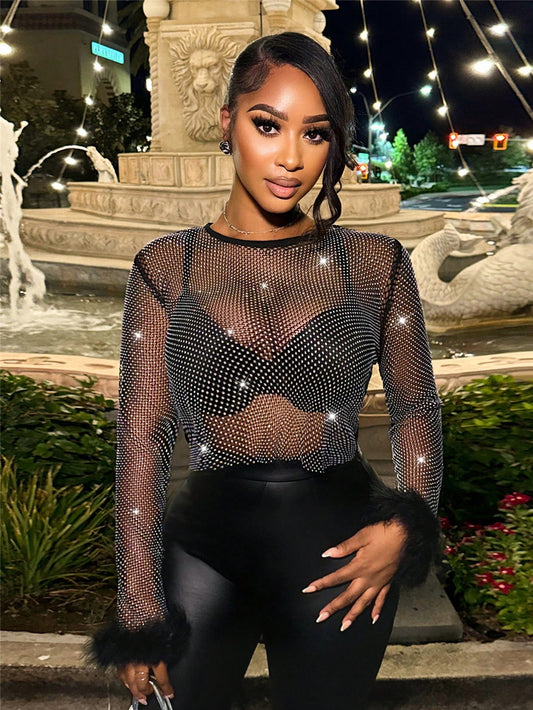 LADIES LONG SLEEVE MESH TOP WITH FEATHER TRIM              BLACK              (SIZE  XS - L)