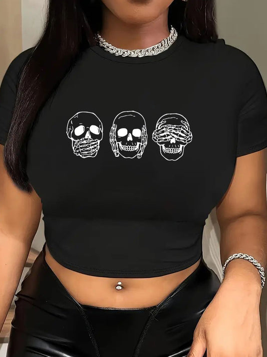 LADIES PRINTED CROPPED T-SHIRT                   BLACK              (SIZE  XS - XL)