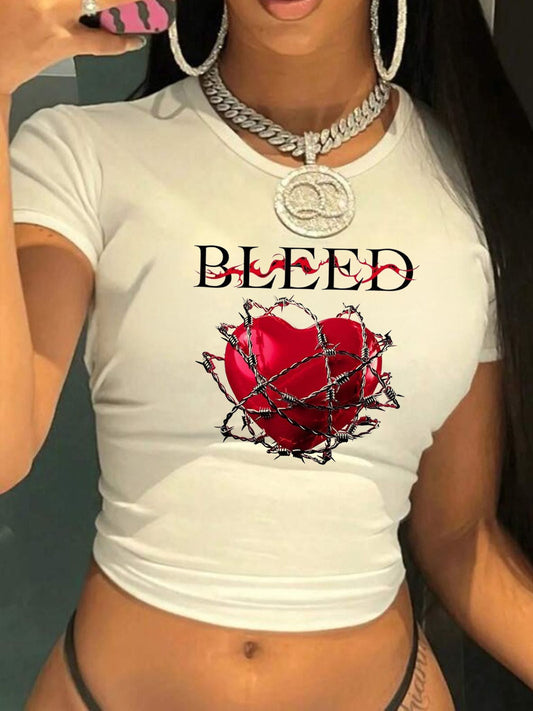 LADIES PRINTED CROPPED T-SHIRT                 WHITE                 (SIZE  XS - XL)