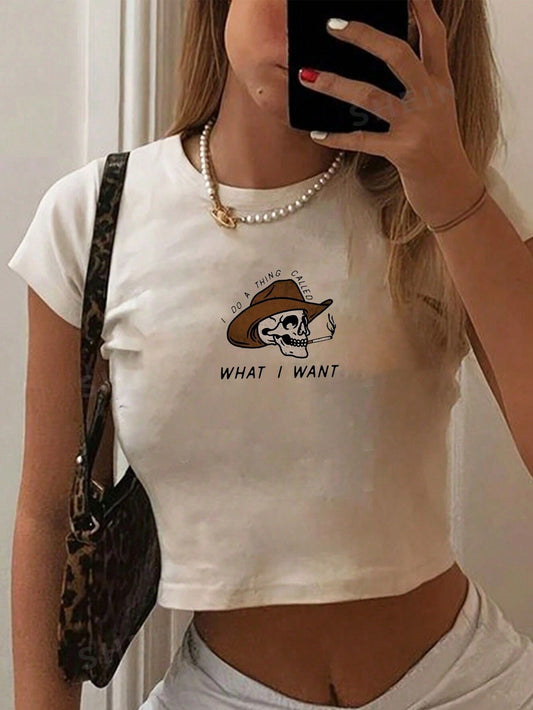 LADIES PRINTED CROPPED T-SHIRT                WHITE               (SIZE  XS - XL)