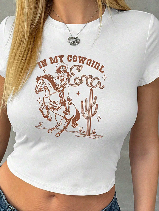 LADIES PRINTED CROPPED T-SHIRT               WHITE            (SIZE  XS - XL)