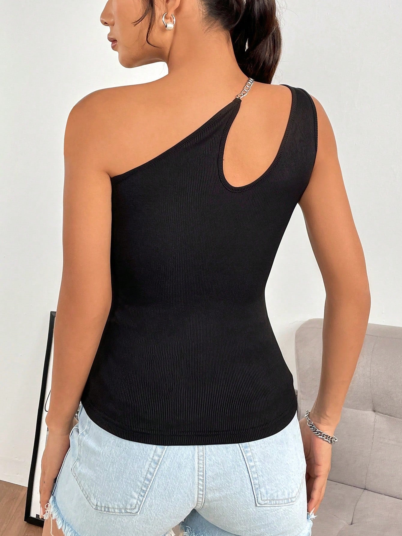 LADIES ONE SHOULDER TOP                BLACK            (SIZE  S - XL)