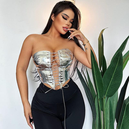 LADIES STRAPLESS LACE UP TOP                   SILVER / GOLD                  (SIZE  S - L)
