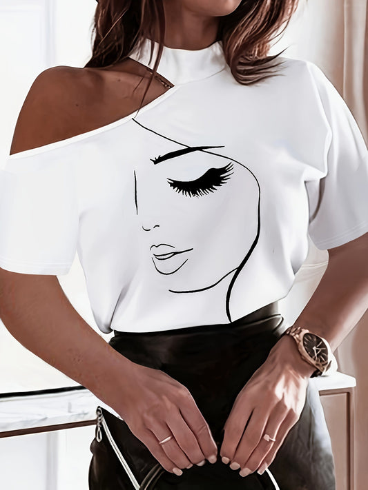 LADIES PRINTED CUT OUT SHOULDER TOP                    WHITE / RED / GRAY                    (SIZE  S - 2XL)