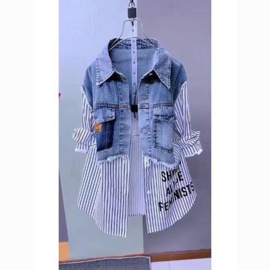 LADIES LONG SLEEVE DENIM TOP                    WHITE / STRIPED                    (SIZE  M - 4XL)