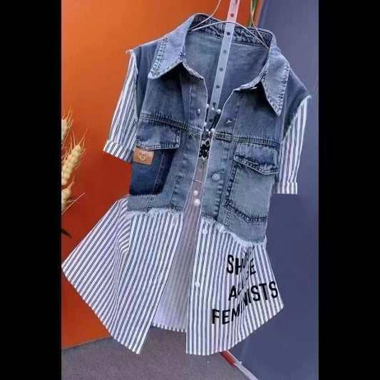 LADIES SHORT SLEEVE DENIM TOP                      WHITE / STRIPED                     (SIZE  M - 4XL)