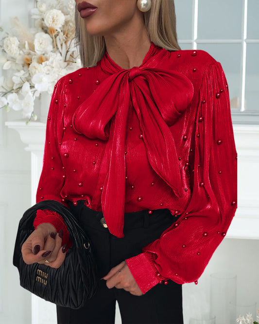 LADIES LONG SLEEVE BLOUSE TOP                         RED / WHITE                     (SIZE  S - XL)