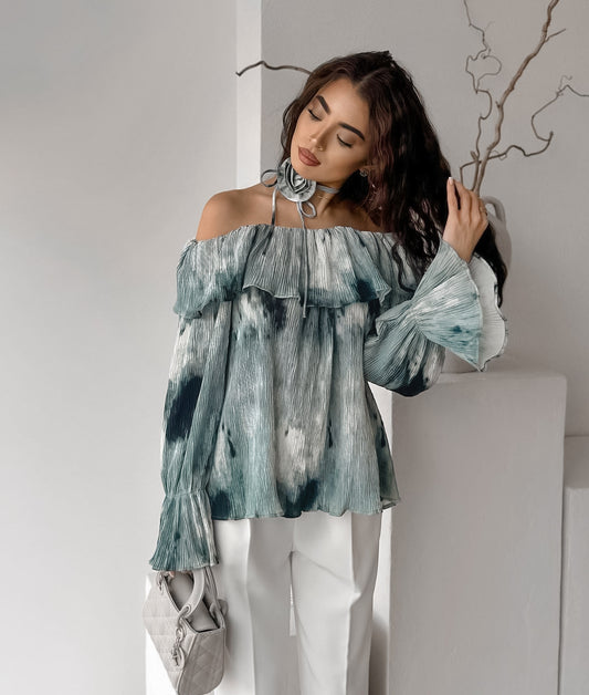 LADIES OFF THE SHOULDER LONG SLEEVE TOP                     BLUE-GRAY                  (SIZE  S - L)