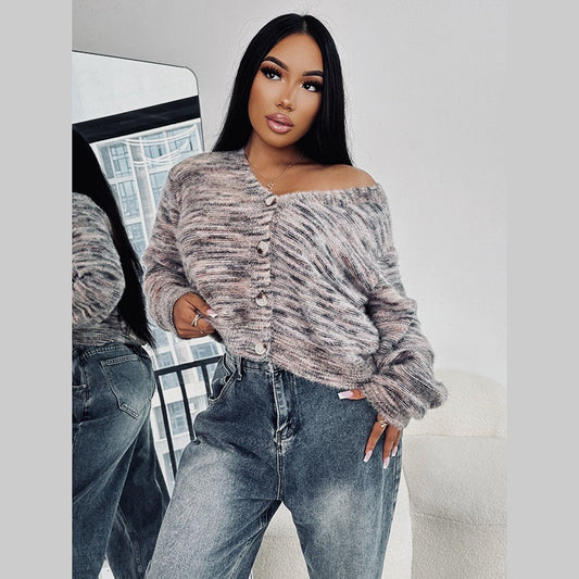 LADIES LONG SLEEVE KNITTED SWEATER                 GRAY                 (SIZE  S - XL)