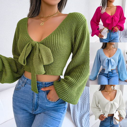 LADIES LONG SLEEVE CROPPED SWEATER                LIGHT BLUE / WHITE / GREEN / DARK PINK               (SIZE  S - L)