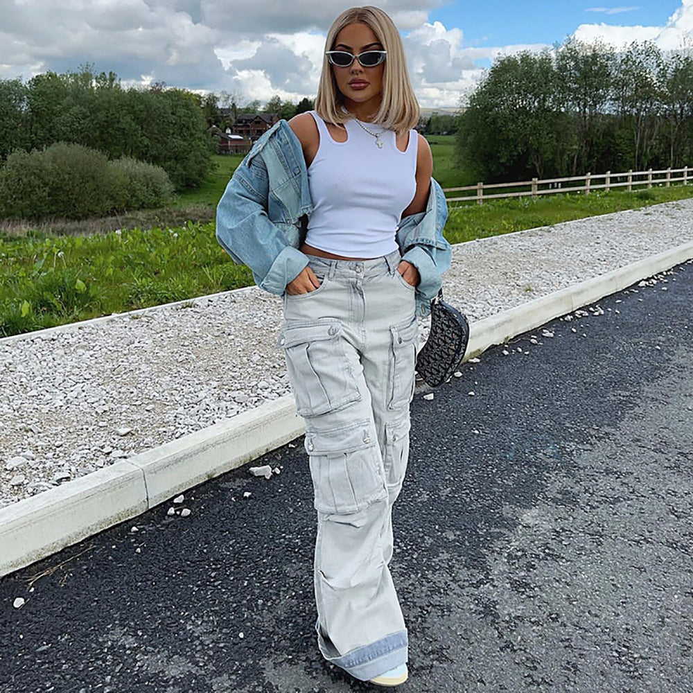 LADIES CARGO PANTS                LIGHT BLUE                (SIZE  S - 3XL)