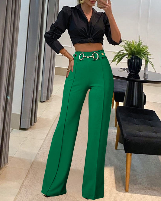 LADIES BELTED STRAIGHT PANTS                 GREEN                  (SIZE  S - XL)