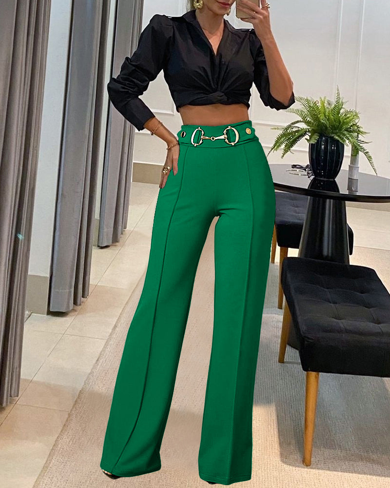 LADIES BELTED STRAIGHT PANTS                 GREEN                  (SIZE  S - XL)