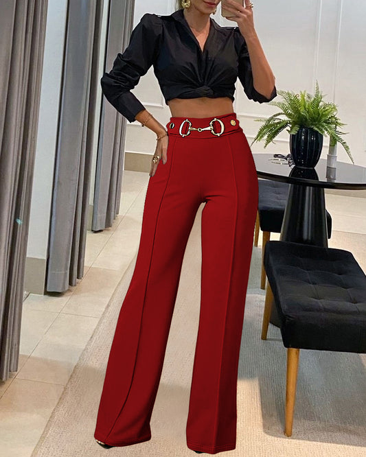LADIES BELTED STRAIGHT PANTS                   RED                  (SIZE  S - XL)