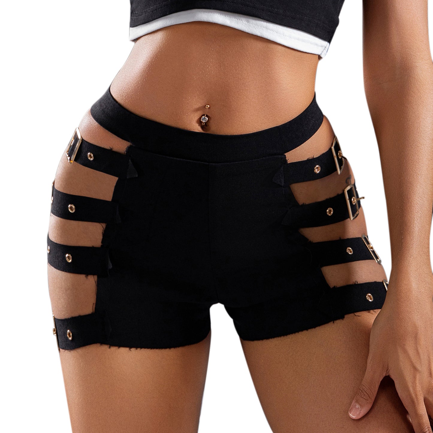 LADIES HIGH WAIST SHORTS                         BLACK                  (SIZE  S - 2XL)