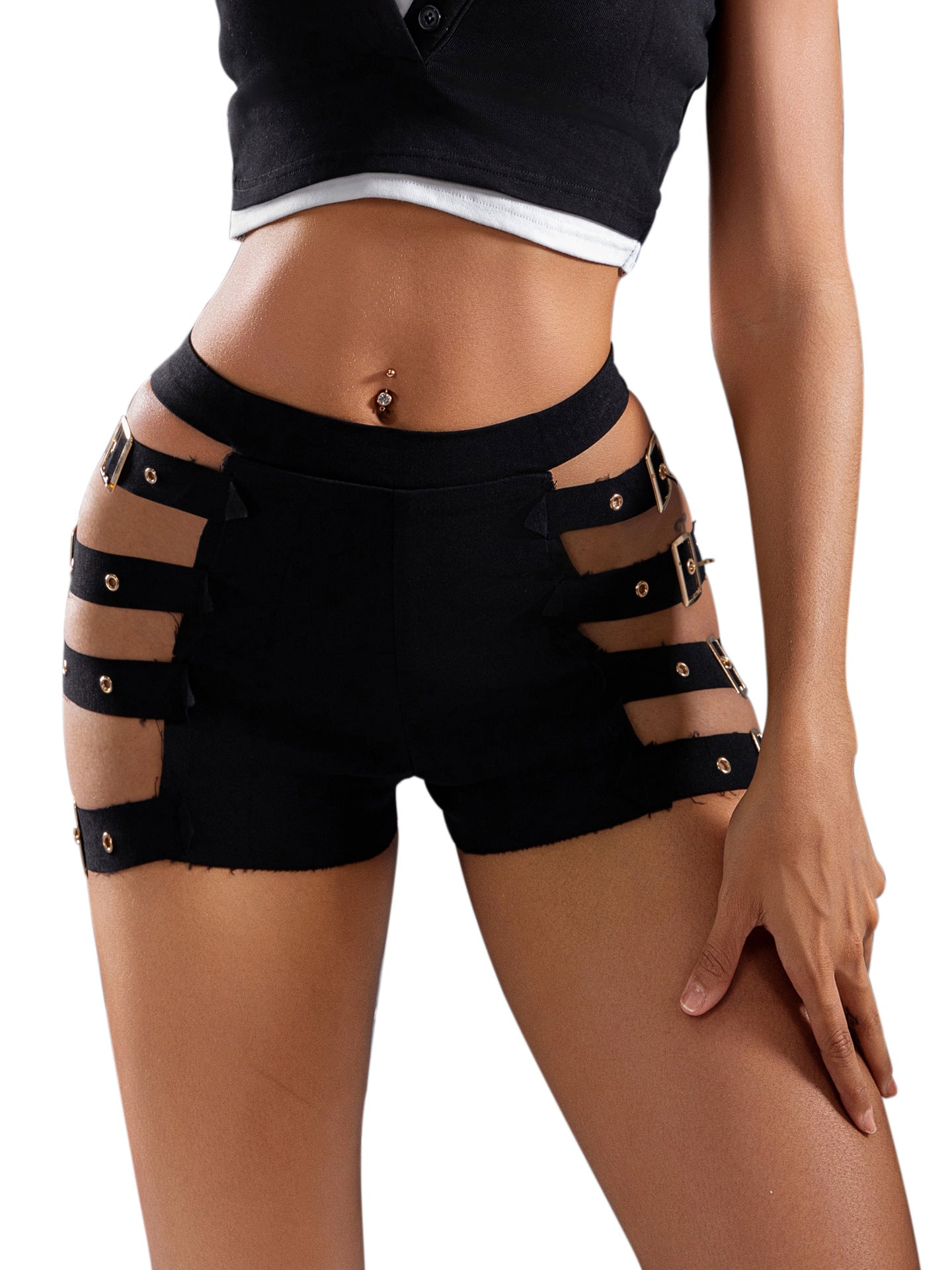 LADIES HIGH WAIST SHORTS                         BLACK                  (SIZE  S - 2XL)