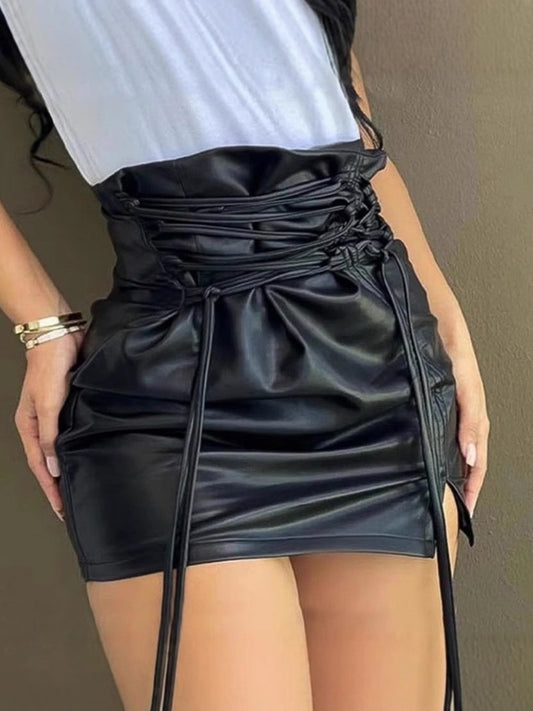 LADIES PU LEATHER SKIRT                      BLACK                          (SIZE:  S - 2XL)