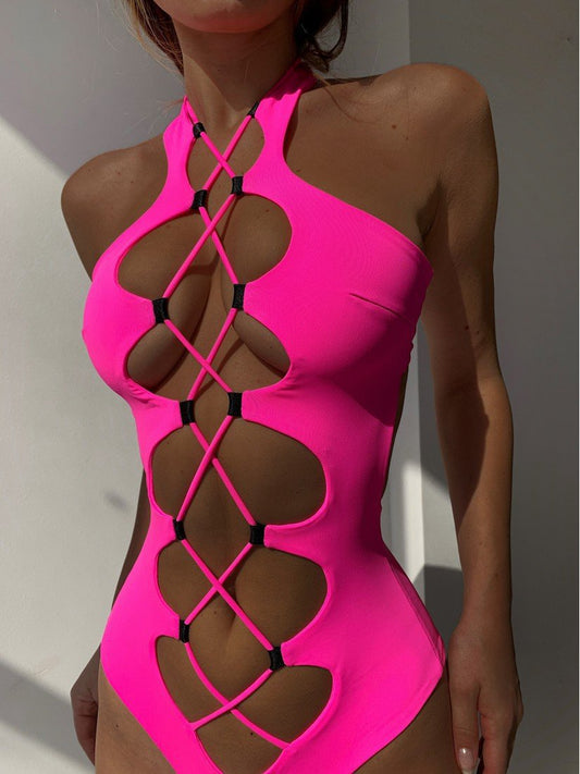 LADIES LACE UP ONE PIECE SWIMSUIT                     BRIGHT PINK                   (SIZE  S - XL)