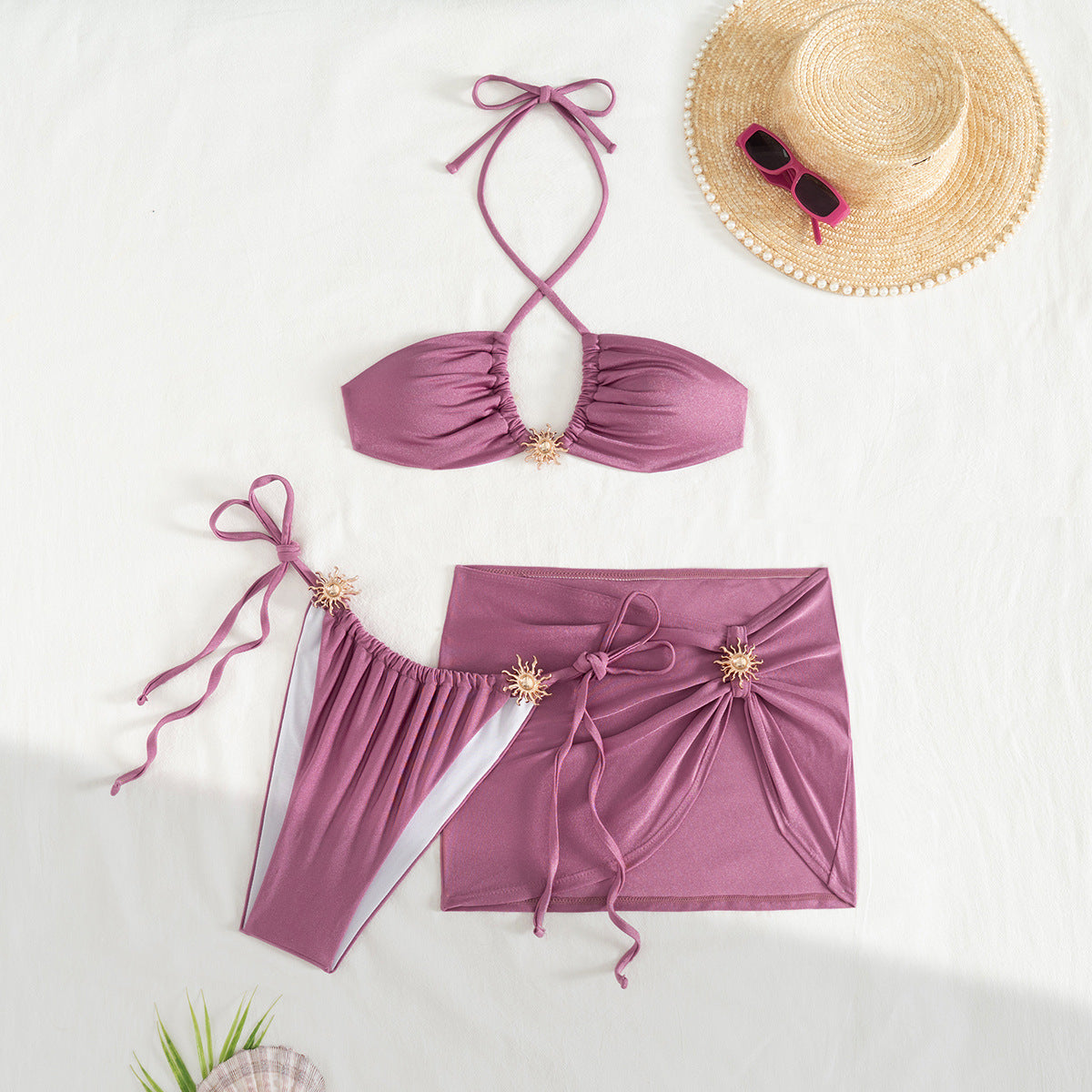 LADIES THREE PIECE SWIMWEAR SET                 PURPLE-PINK                   (SIZE  S - L)