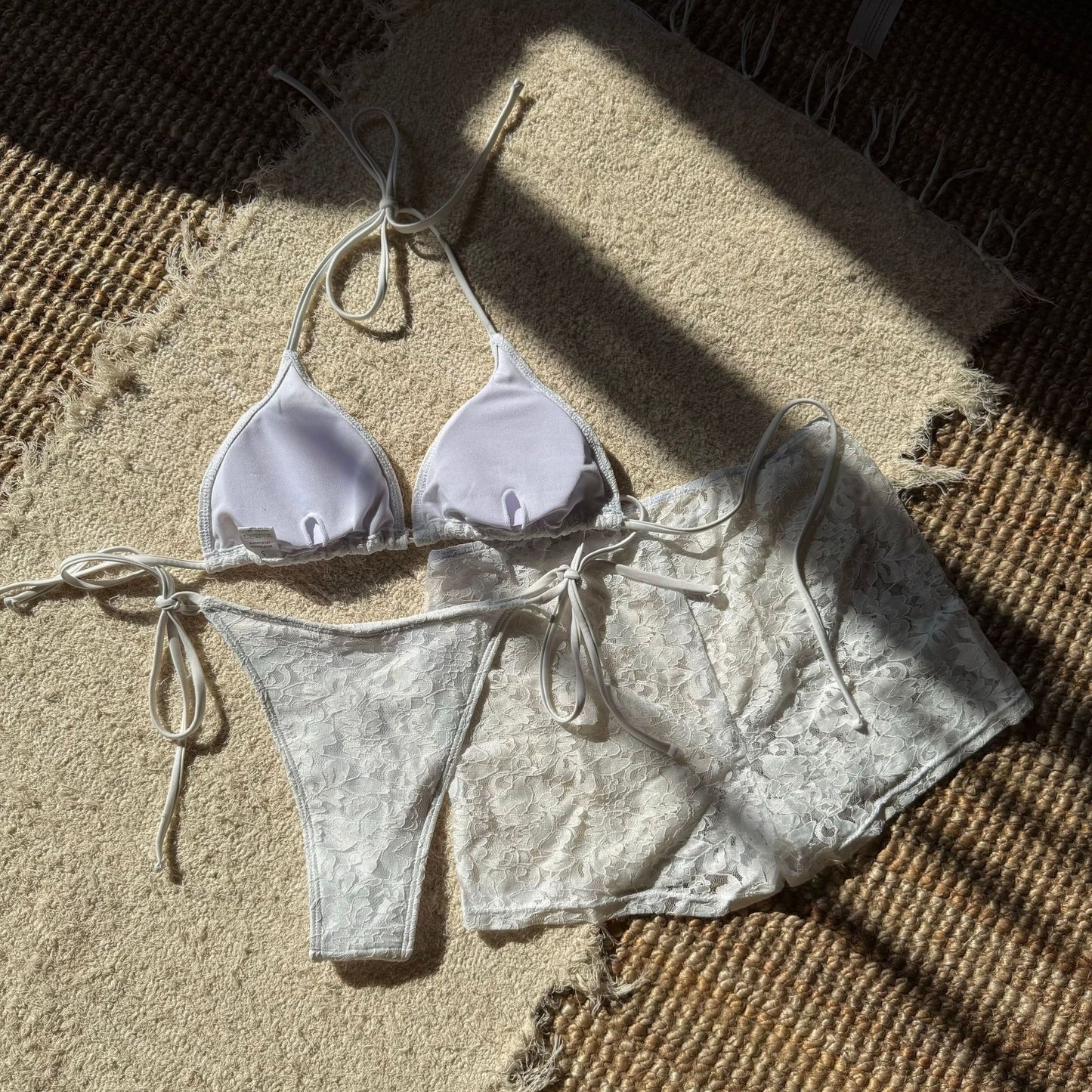 LADIES THREE PIECE BIKINI SWIMWEAR SET                 WHITE / OFF-WHITE / BLACK             (SIZE  S - L)
