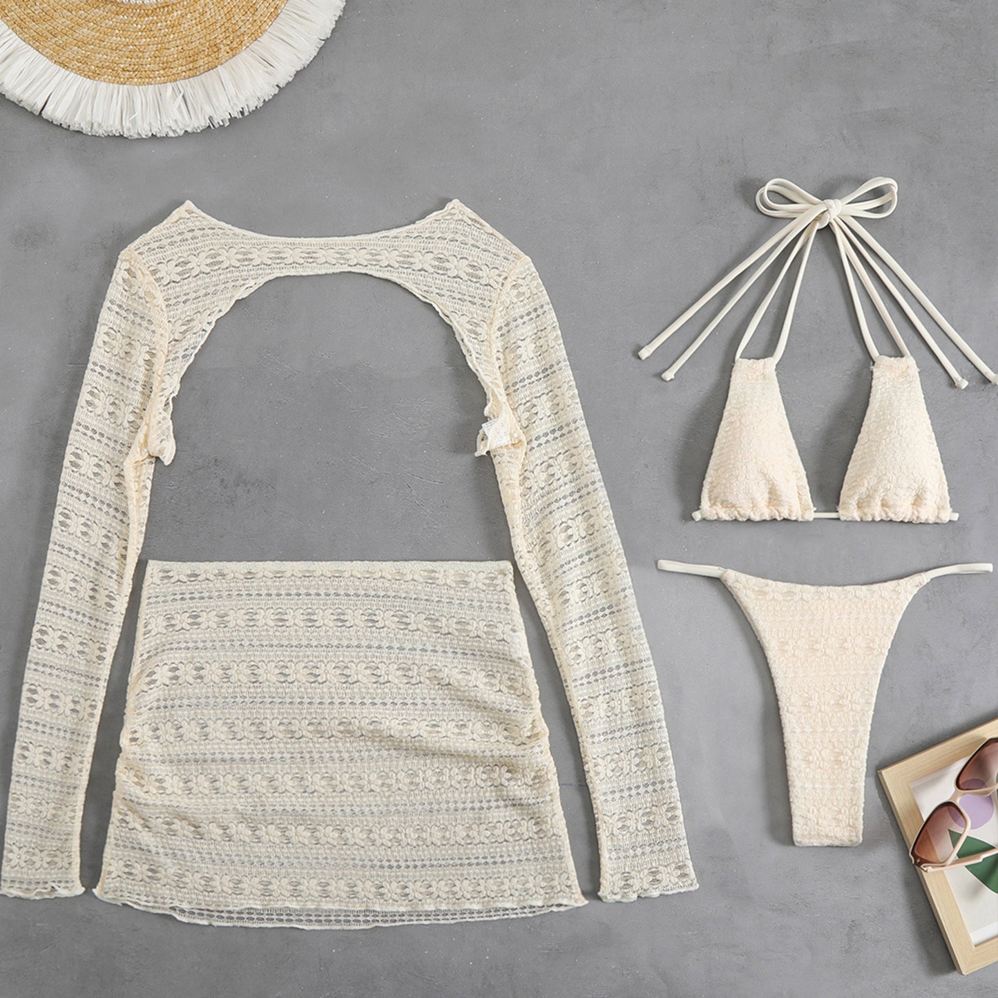 LADIES THREE PIECE BIKINI BEACHWEAR SET                   BEIGE / WHITE / BLACK                  (SIZE  S - L)