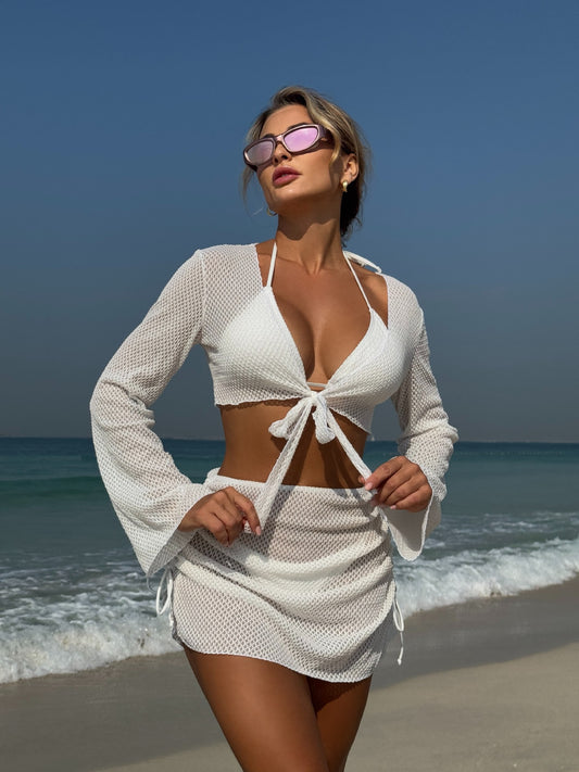 LADIES THREE PIECE BIKINI BEACHWEAR SET               WHITE / APRICOT-BEIGE / BLACK / RED               (SIZE  S - L)