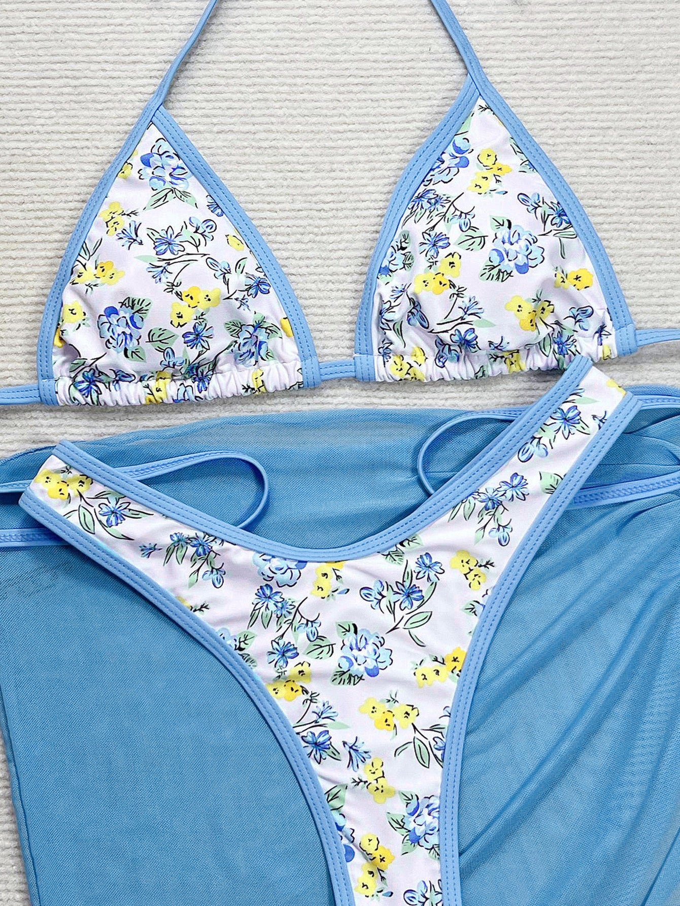 LADIES THREE PIECE BIKINI SET              BLUE              (SIZE  S - L)