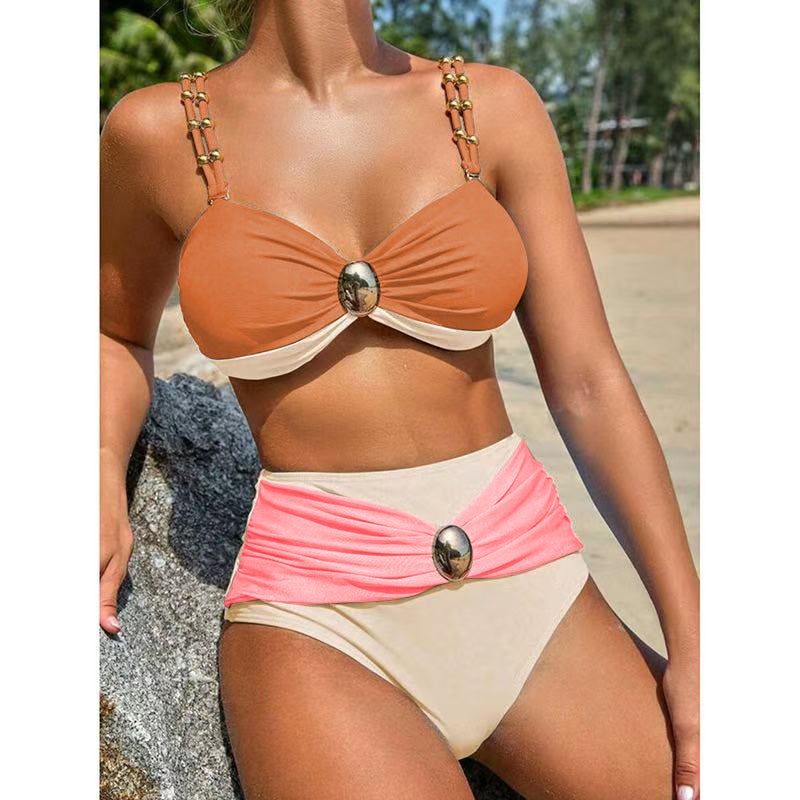 LADIES THREE PIECE BIKINI SWIMWEAR & SKIRT SET             BEIGE-PINK             (SIZE  S - XL)