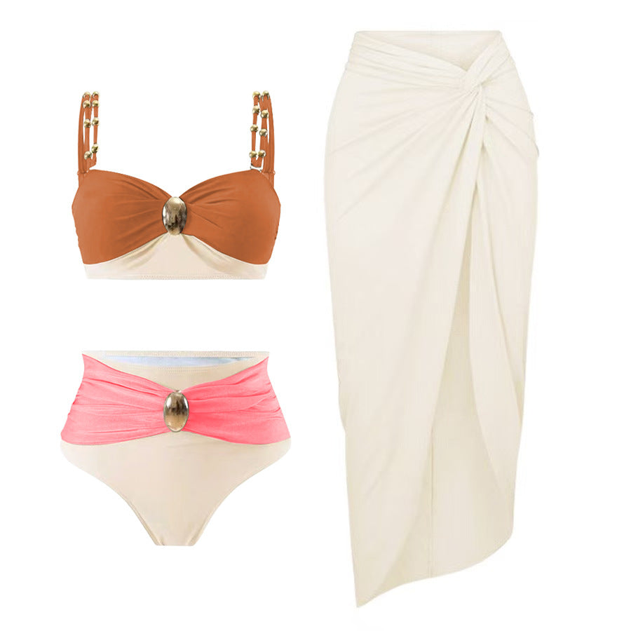 LADIES THREE PIECE BIKINI SWIMWEAR & SKIRT SET             BEIGE-PINK             (SIZE  S - XL)
