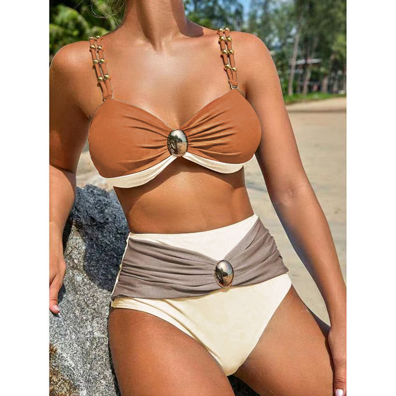 LADIES THREE PIECE BIKINI BEACHWEAR SWIMWEAR & SKIRT SET                BEIGE-BROWN                (SIZE  S - XL)