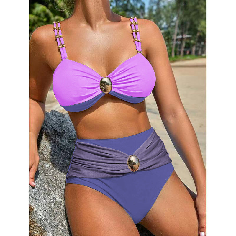 LADIES THREE PIECE BIKINI BEACHWEAR SWIMWEAR & SKIRT SET            PURPLE            (SIZE  S - XL)