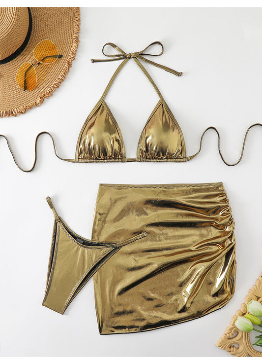 LADIES THREE PIECE BIKINI SWIMWEAR SET                    GOLD                (SIZE  S - L)
